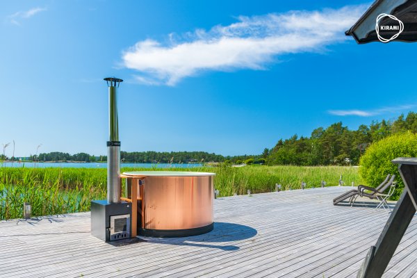 Premium Pearly M mit CUBE Außenofen Neues rundes Badefass mit Kunststoffeinsatz und Außenverkleidung nach Wunschfür 4-6 Personen