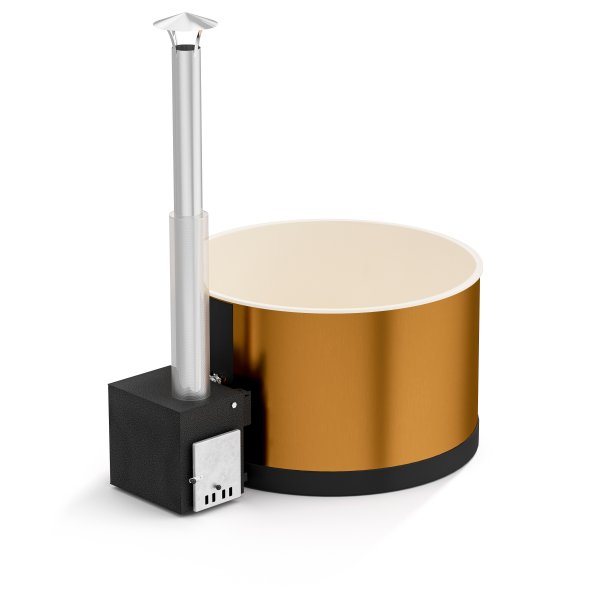 Premium Pearly M mit CUBE Außenofen Neues rundes Badefass mit Kunststoffeinsatz und Außenverkleidung nach Wunschfür 4-6 Personen