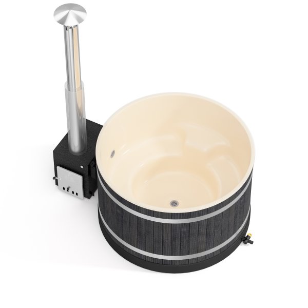 Premium Pearly M mit CUBE Außenofen Neues rundes Badefass mit Kunststoffeinsatz und Außenverkleidung nach Wunschfür 4-6 Personen