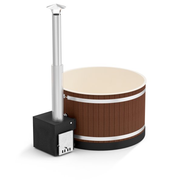 Premium Pearly M mit CUBE Außenofen Neues rundes Badefass mit Kunststoffeinsatz und Außenverkleidung nach Wunschfür 4-6 Personen