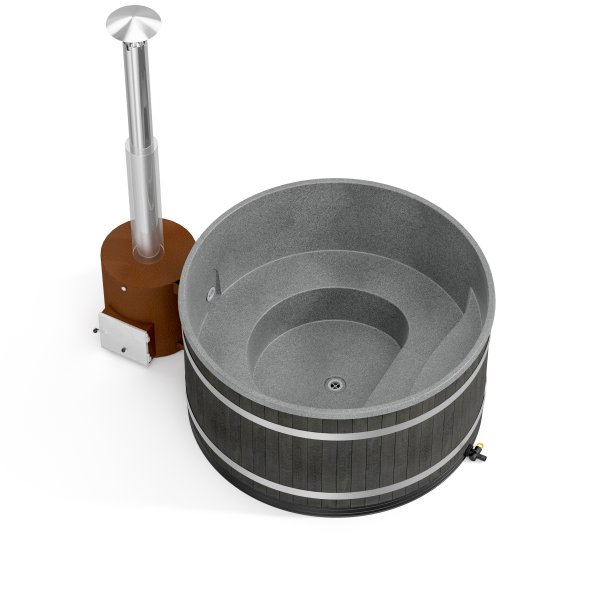 Comfort Family L neues rundes Badefass mir D. 200cm mit Kunststoffeinsatz und mit Außenofen für 6-8 Personen