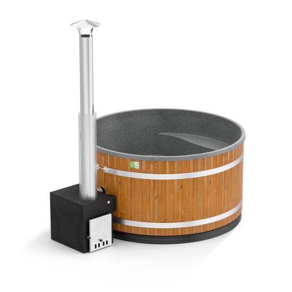Comfort Family L neues rundes Badefass mir D. 200cm mit Kunststoffeinsatz und mit Außenofen für 6-8 Personen
