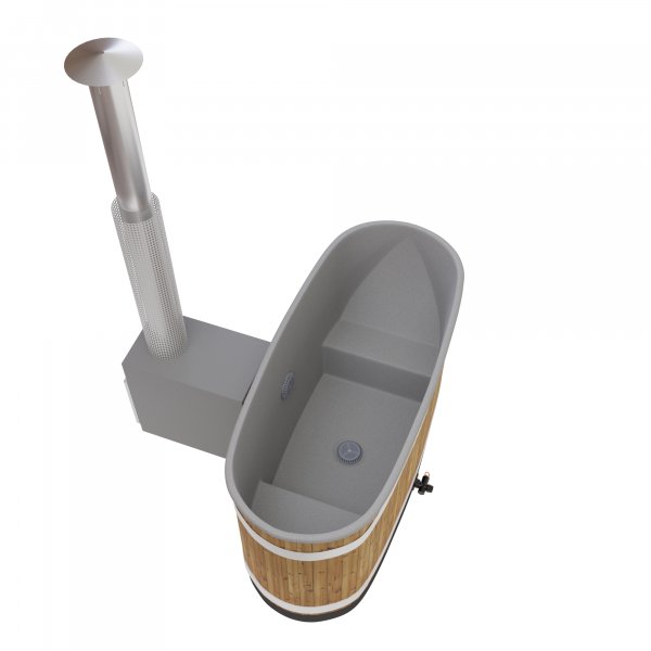 Neu: Kirami Original TINY Badefass oval nur 170x80cm, 98 Hoch mit Kunststoffeinsatz und mit 22KW CULT Außenofen für 1-2 Personen