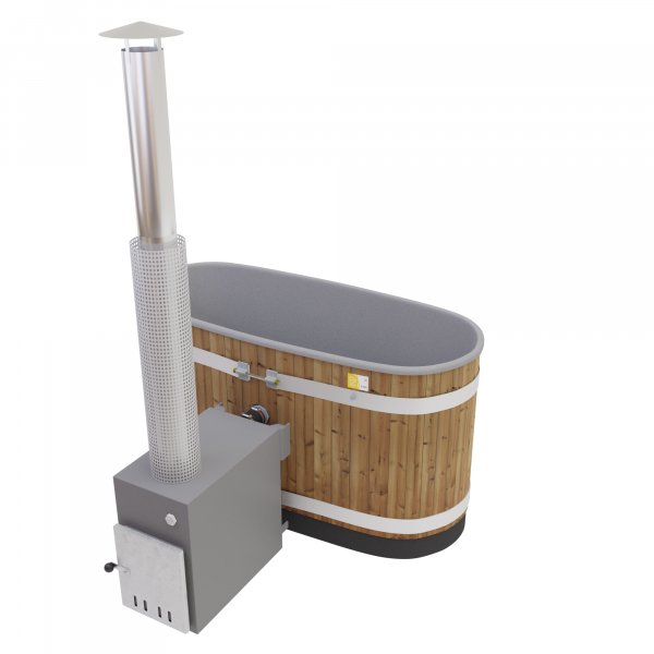 Neu: Kirami Original TINY Badefass oval nur 170x80cm, 98 Hoch mit Kunststoffeinsatz und mit 22KW CULT Außenofen für 1-2 Personen