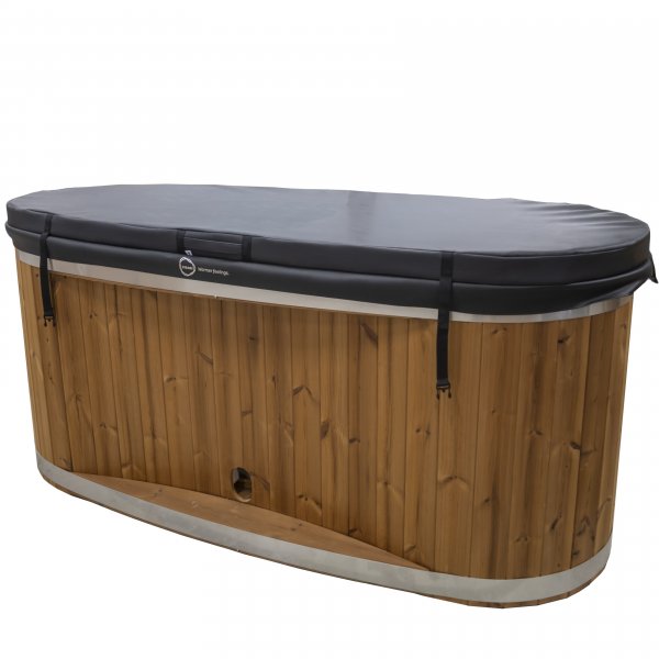 Neu: Kirami Original WOODY TINY Badefass oval nur 156x90cm, 98 Hoch mit Kunststoffeinsatz und mit 19KW MICU Außenofen für 1-2 Personen