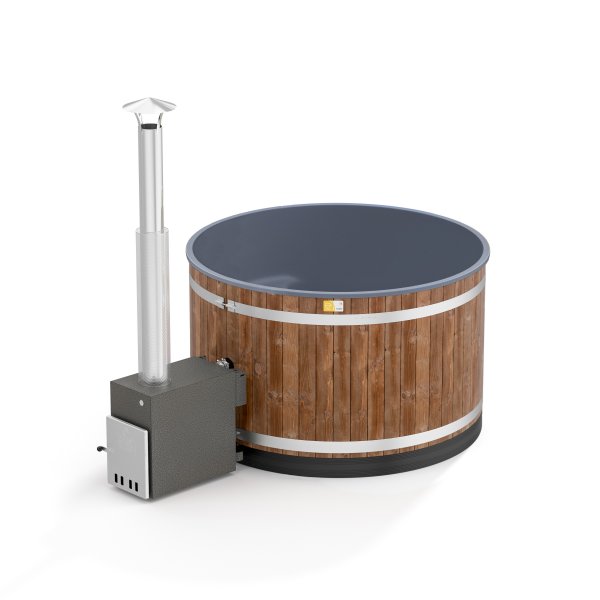 Comfort HAZY M mit 22KW CULT-SI Außenofen Neues rundes Badefass mit Kunststoffeinsatz und Außenverkleidung Fichte in braun Lasiert für 4-6 Personen