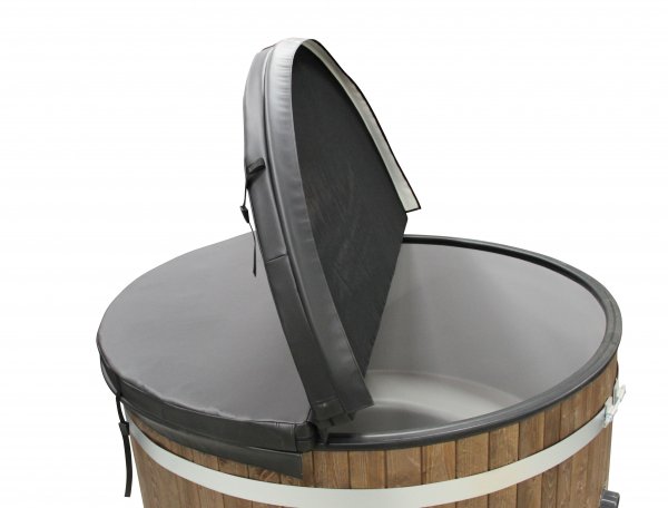 Comfort HAZY M mit 22KW CULT-SI Außenofen Neues rundes Badefass mit Kunststoffeinsatz und Außenverkleidung Fichte in braun Lasiert für 4-6 Personen