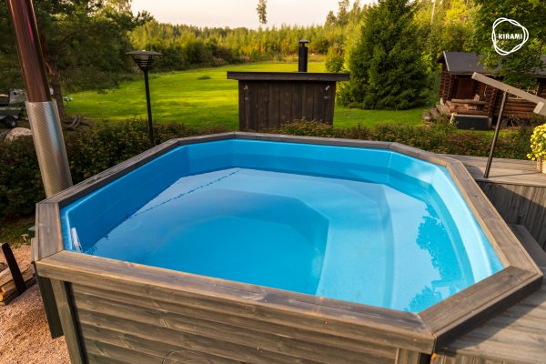 Premium GRANDY XL mit 42Kw TUBE Außenofen Neues Badefass mit Kunststoffeinsatz und Außenverkleidung nach Wunschfür 8-12 Personen