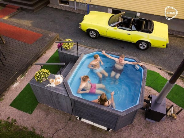 Premium GRANDY XL mit 42Kw TUBE Außenofen Neues Badefass mit Kunststoffeinsatz und Außenverkleidung nach Wunschfür 8-12 Personen