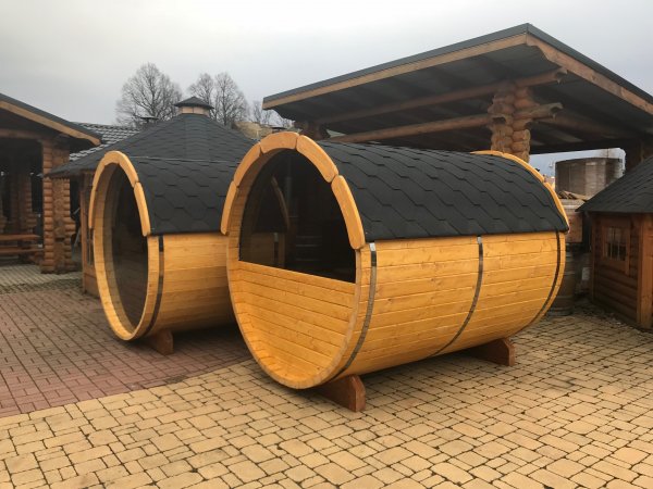 SFF19251 Ø1,9m, L2,5 m, vollausgestattes Saunafass mit Halb-Panoramawand, 58mm Wandstärke ohne Saunaofen für 4-6 Personen