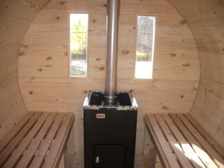 SFF19352 Ø 1,9 m, L 3,5 m, Saunafass aus Fichte mit Panorama - Glaswand, 1m Vorraum ohne Terrasse für 6 Personen