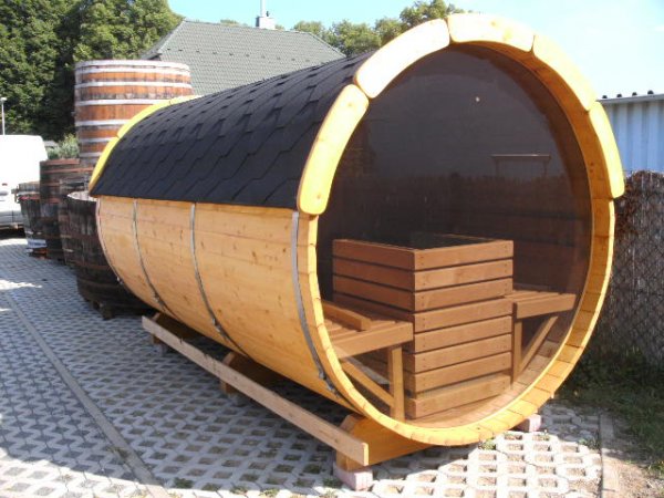 SFF19352 Ø 1,9 m, L 3,5 m, Saunafass aus Fichte mit Panorama - Glaswand, 1m Vorraum ohne Terrasse für 6 Personen