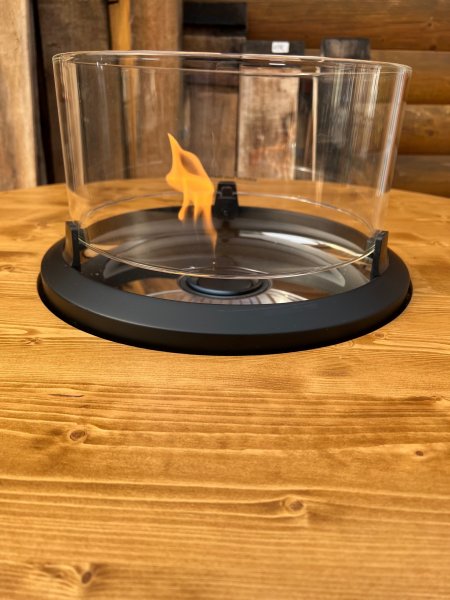 FASSFLAMME Fasstisch mit Terassenfeuer mit LED + Tischplatte D.80cm, H.97-115cm stabile Ausführung für den Außeneinsatz