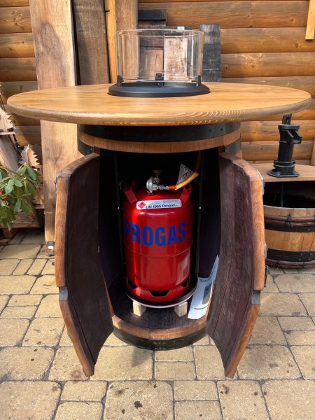 FASSFLAMME Fasstisch mit Terassenfeuer mit LED + Tischplatte D.80cm, H.97-115cm stabile Ausführung für den Außeneinsatz