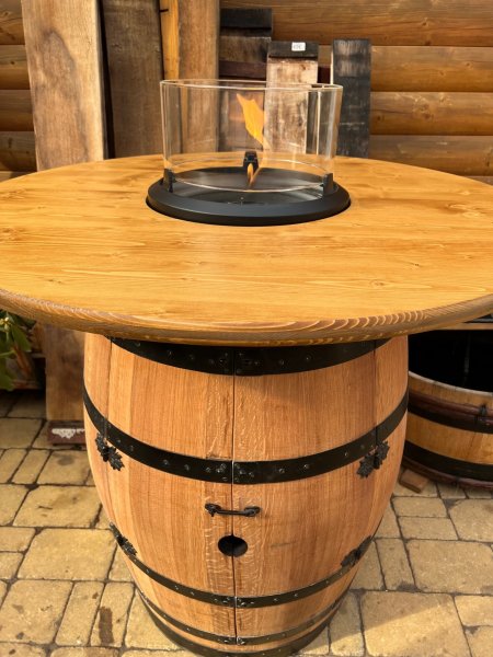 FASSFLAMME Fasstisch mit Terassenfeuer mit LED + Tischplatte D.80cm, H.97-115cm stabile Ausführung für den Außeneinsatz