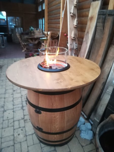 FASSFLAMME Fasstisch mit Terassenfeuer mit LED + Tischplatte D.80cm, H.97-115cm stabile Ausführung für den Außeneinsatz