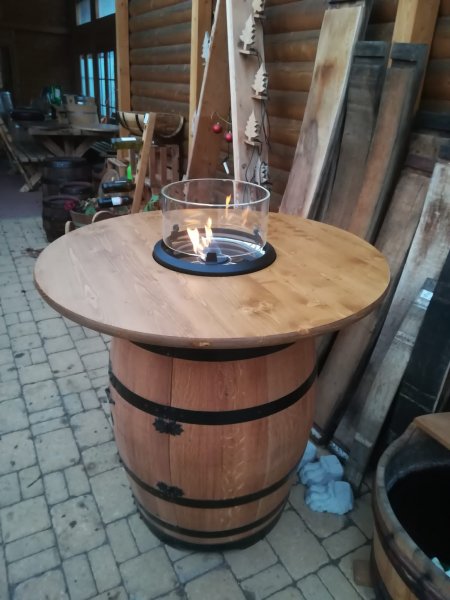 FASSFLAMME Fasstisch mit Terassenfeuer mit LED + Tischplatte D.80cm, H.97-115cm stabile Ausführung für den Außeneinsatz