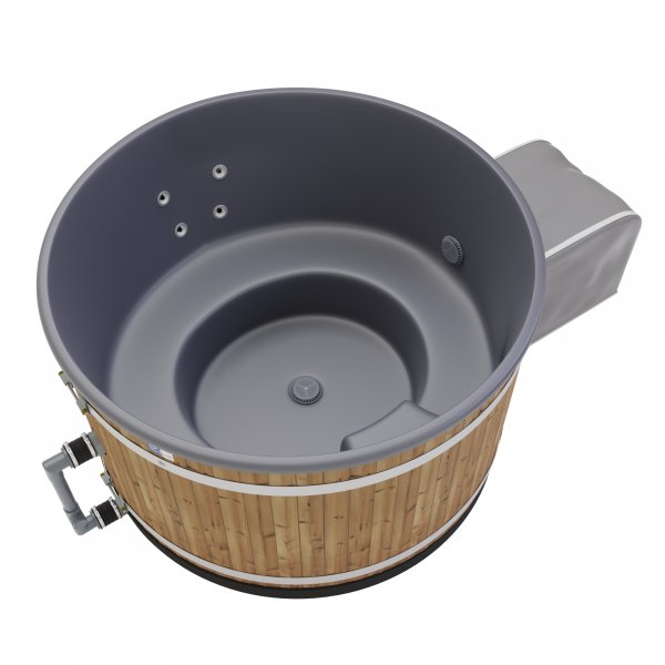 Premium Steady M Flow mit Water Jets (Wassertherapiedüsen) inklusive 3KW-Elektroheizung + optional Holz - Außenofen neues rundes Badefass mit Kunststoffeinsatz