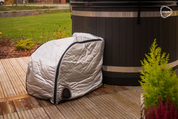 Premium Steady M Flow mit Water Jets (Wassertherapiedüsen) inklusive 3KW-Elektroheizung + optional Holz - Außenofen neues rundes Badefass mit Kunststoffeinsatz