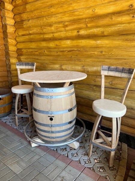 225L Fassbartisch-Silvana & 2 Fass-Barhocker-BARDOLINO-RL-Deluxe T-Platte D.80cm, H.110cm