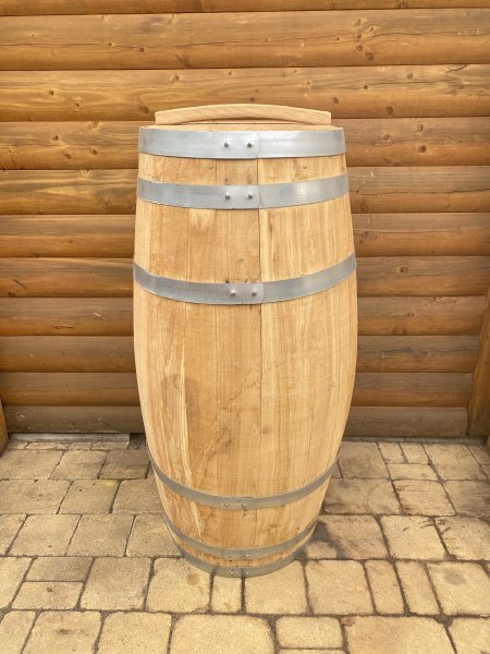 150 Liter Weinfass Regentonne mit Deckel und Griff aus neuem Zigarren Kastanienholzfass H.107cm, D.59cm Fass Holzfass Regenfass Wasserfass