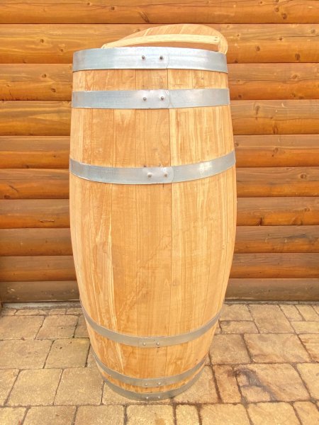 100 Liter Weinfass Regentonne mit Deckel und Griff aus neuem Zigarren Kastanienholzfass H.107cm, D.45cm Fass Holzfass Regenfass Wasserfass