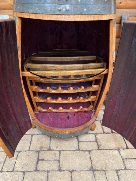 Fassbar-Tisch - Korsika-300L+WR20 aus 300 Liter gebrauchtem Eichenfass mit Weinrgal für 20 Flaschen Holzfass Fass Fasstisch Bistrotisch Stehtisch