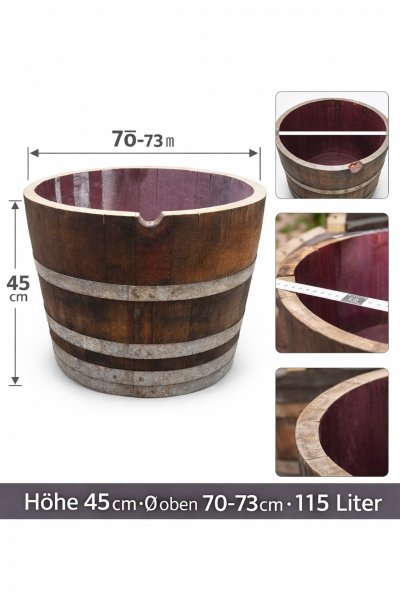 115 Liter Barrique dunkle Eichenfasshälfte mit D.70cm,H.45-47cm Blumenkübel Eichenfass Holzfass Miniteich Wasserfass Regentonne