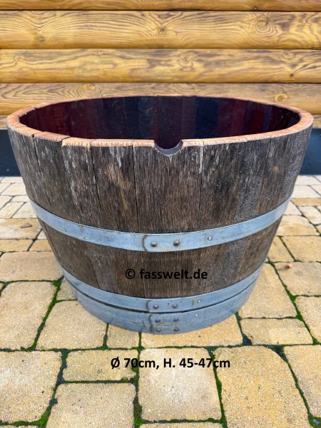 115 Liter Barrique dunkle Eichenfasshälfte mit D.70cm,H.45-47cm Blumenkübel Eichenfass Holzfass Miniteich Wasserfass Regentonne