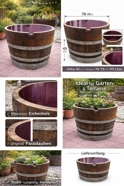 115 Liter Barrique dunkle Eichenfasshälfte mit D.70cm,H.45-47cm Blumenkübel Eichenfass Holzfass Miniteich Wasserfass Regentonne