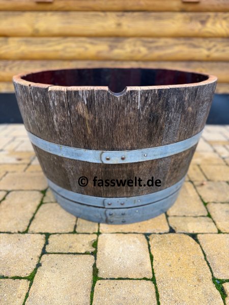 115 Liter Barrique dunkle Eichenfasshälfte mit D.70cm,H.45-47cm Blumenkübel Eichenfass Holzfass Miniteich Wasserfass Regentonne