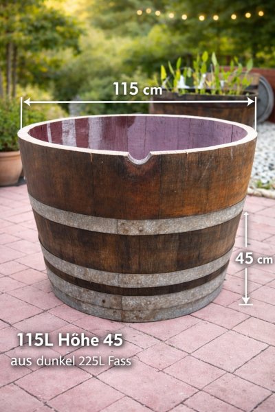 115 Liter Barrique dunkle Eichenfasshälfte mit D.70cm,H.45-47cm Blumenkübel Eichenfass Holzfass Miniteich Wasserfass Regentonne