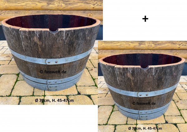 2 x 115 Liter Barrique dunkle Eichenfasshälfte mit D.70cm,H.45-47cm Blumenkübel Eichenfass Holzfass Miniteich Wasserfass Regentonne