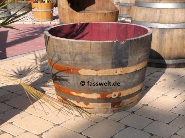 2 x 115 Liter Barrique dunkle Eichenfasshälfte mit D.70cm,H.45-47cm Blumenkübel Eichenfass Holzfass Miniteich Wasserfass Regentonne