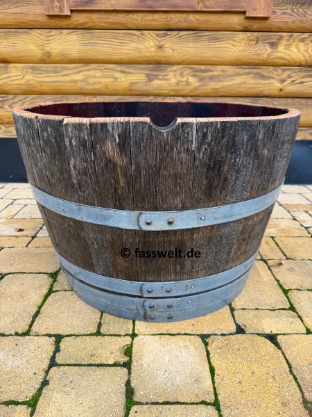 2 x 115 Liter Barrique dunkle Eichenfasshälfte mit D.70cm,H.45-47cm Blumenkübel Eichenfass Holzfass Miniteich Wasserfass Regentonne