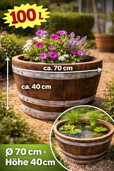 100 Liter Barrique dunkle Eichenfasshälfte mit D.70cm,H.40cm Blumenkübel Eichenfass Holzfass Miniteich Wasserfass Regentonne