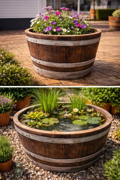 100 Liter Barrique dunkle Eichenfasshälfte mit D.70cm,H.40cm Blumenkübel Eichenfass Holzfass Miniteich Wasserfass Regentonne