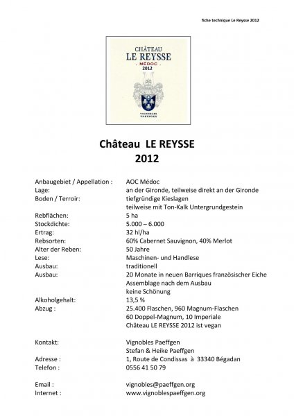 LE REYSSE 2012 - 6 x 0,75L Flaschen Rotwein im Barriquefass gereift CRU BOURGEOIS MEDOC