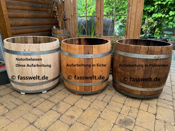 190Liter Fassabschnitt aus neuem Kastanieenholzfass als Pflanzfass Pflanzkübel Blumenfass Kübel Weinfass Wasserfass Holzfass Kastanienfass