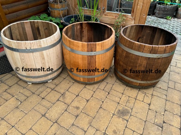 190Liter Fassabschnitt aus neuem Kastanieenholzfass als Pflanzfass Pflanzkübel Blumenfass Kübel Weinfass Wasserfass Holzfass Kastanienfass