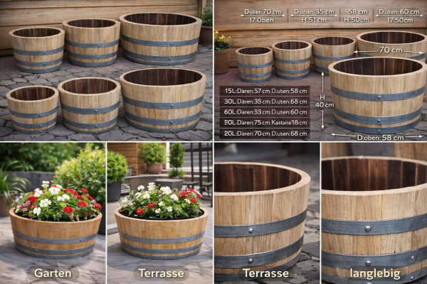 Neues halbes Kastanien Fass 15 L / 30 L / 50 L / 100 Liter - KONFIGURATOR - Weinfass Holzfass halbiert Miniteich Pflanzkübel