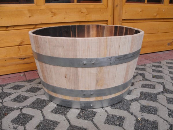 Neues halbes Kastanien Fass 15 L / 30 L / 50 L / 100 Liter - KONFIGURATOR - Weinfass Holzfass halbiert Miniteich Pflanzkübel