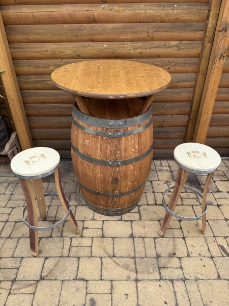 Fasstisch RUSTIKA - Tischplatte D.80 H110cm + 4 Fass-Barhocker-M6