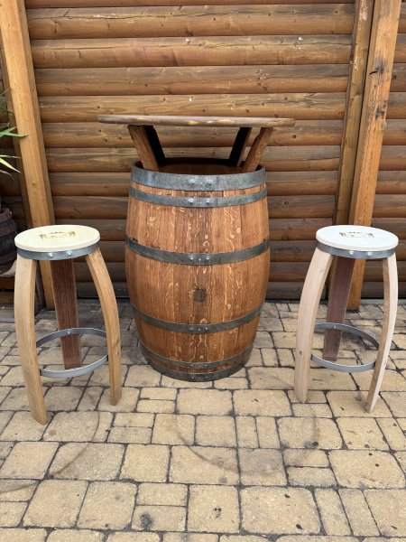 Fasstisch BORDEAUX - Tischplatte D.80 H110cm + 4 Fass-Barhocker-M7