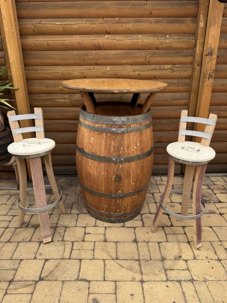 Fasstisch BORDEAUX - Tischplatte D.80 H110cm + 4 Fass-Barhocker-M11