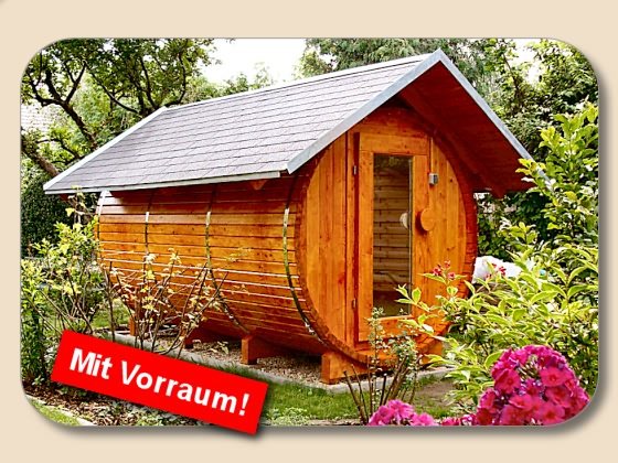 D3020V10 SAUNAFASS, FASSSAUNA mit Vorraum 3m Länge und 2m D.