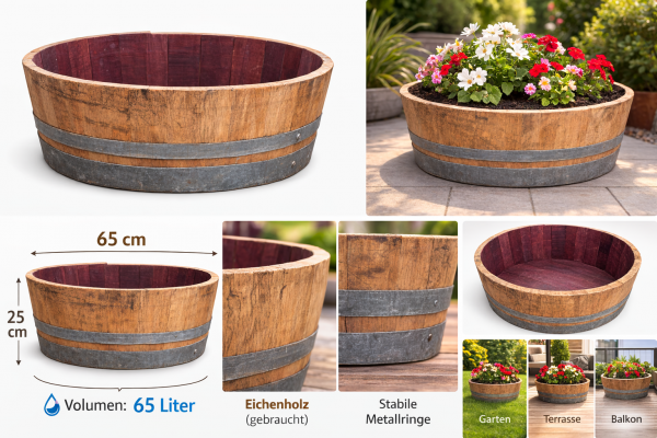 65 L Miniteich Pflanzkübel Pflanzenschale Regentonne aus gebrauchtem Barrique Eichenfass, H.25,D.65cm