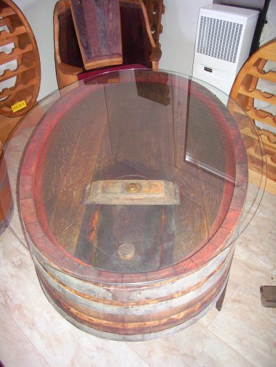 Fasstisch TOSCANA-600 aus gebrauchtem ovalen 600L Eichenfass 120x80cm, Höhe 72cm