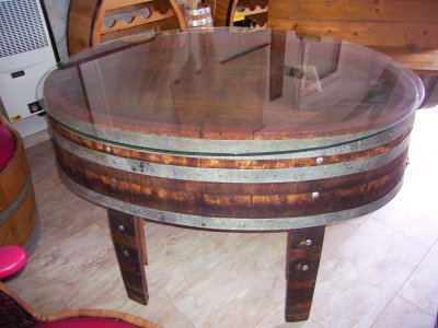 Fasstisch TOSCANA-600 aus gebrauchtem ovalen 600L Eichenfass 120x80cm, Höhe 72cm