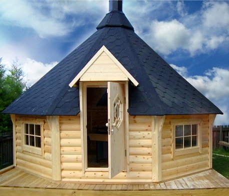 GKF165E1 16,5 m2 Grillkota mit Erweiterungsanbau 1,69 x 1,69 m, Fichte für ca. 14 Personen